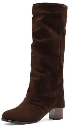 Botas altas por la rodilla para mujer con tacón de bloque - Botas deslizantes con plegables, elegantes botas largas de caña media, botas de ante redondas, medias botas de color liso, marrón, 38 EU