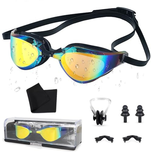 Lunettes de Natation pour Adultes et Adolescents, Verres Miroirs Multicolores, Anti-Buée, Protection UV, Sangle Réglable, Pont Nasal Remplaçable, pour Piscine