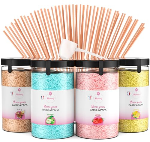 Misskandy® sucre barbe à papa pour machine- Lot de (4 * 240Gr) - (Arômes Naturels): Goûts: Fraise/Pomme/Cola/Citron/poudre barbapapa+ 50 bâtonnets (offerts)/ Fabriqué en France