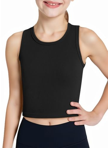 Haloumoning Canotte per Ragazze Bambine Canotte a Costine Maniche Corte Top Basic Canottiera 5-14 Anni, Nero, 5-6 Anni