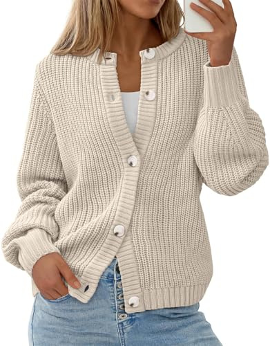 PRETTYGARDEN Womens Spring Cardigan Sweaters Crewneck Long Sleeve Button Open Front Knit Sweater Women Oversized Cardigans (Beige, Large)