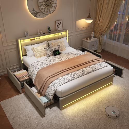 LIVLUX Lit Double 140x190 avec éclairage LED et Fonction de Charge USB, lit rembourré avec 4 Tiroirs Rangement et Sommier à Lattes,lit 2 Personne pour Adultes et Adolescents (Beige, 140 x 190 cm)