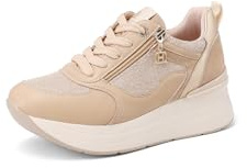 QUEEN HELENA Sneakers Platform Scarpe da Ginnastica con Zip Laterale Donna X33-23 (Beige, Sistema Taglie Calzature EU, Adulto, Donna, Numero, Media, 35)
