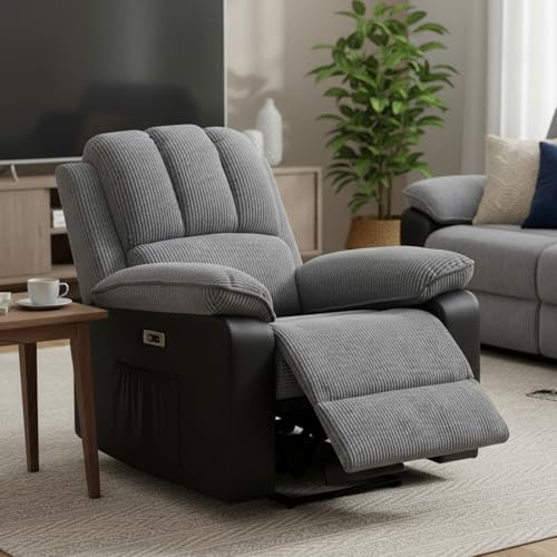 BSTSEL Electric Recliner Armchair For the Elderly with Massage & Heat, Extended Footrest, USB+Type C Ports, Electric Recliner Chair for Living Room Bedroom (Grey Cord Fabric Recliner Chair)