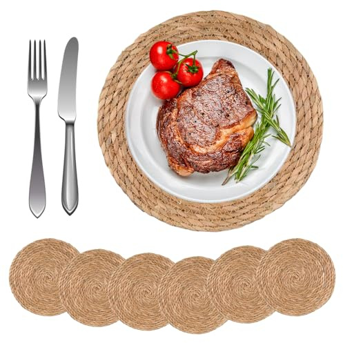 Round Woven Placemats Set of 6/8, 30cm Handwoven Water Hyacinth Rattan PlacematS, Wicker PlacematS for Dining, Kitchen Table, Home, Party, Wedding, Restaurant (6)