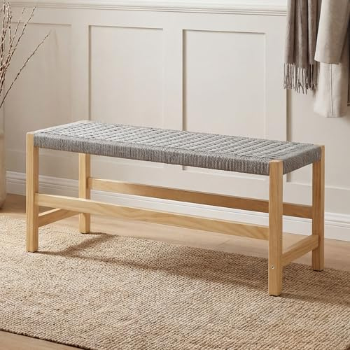 chairus Banc Bout de Lit en Bois avec Tissage en Corde Naturelle Banc Entrée Vintage Banquette de Chambre/Cuisine/Salon, 32 x 90 x 42 cm, Gris