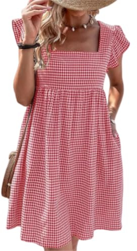 Femmes été Vichy Mini Robe froncé Fluide col carré Manches à Volants Une Ligne Casquette Manches Sangle Robe Courte été vêtements de Plage