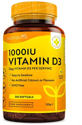 Vitamine D 1000 UI - 365 Capsules Molles - Pour 1 Annéee Entière - Maintien d'un Système Immunitaire Sain, des Muscles, des os et des Dents - Vitamine D3 1000ui Cholecalciferol - Nutravita
