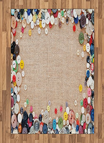 Lunarable Vintage Area Rug, Buttons Group Design Texture Canvas Sewing Needlecraft Contemporary Picture, Flat Woven Accent Rug for Living Room Bedroom Dining Room, 4' X 5' 7, Pale Brown