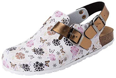CLINIC DRESS Clog - Clogs Damen bunt weiß Motiv. Schuhe für Krankenschwestern, Ärzte oder Pflegekräfte weiß/Kupfer/Rose, Blumen und Schmetterlinge, 40