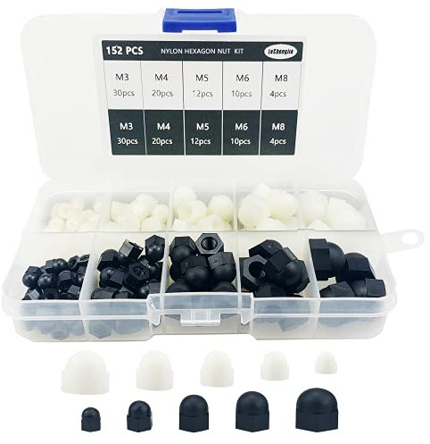 152 Pcs Nylon Acorn Dome Head Hex Nuts,Thread Dia Dome Head Cap Nut,M3 M4 M5 M6 M8 Dome Nuts Assortment Kit,Protection Cover Acorn Cap Nut Decorative Hex Cap (Black,white)