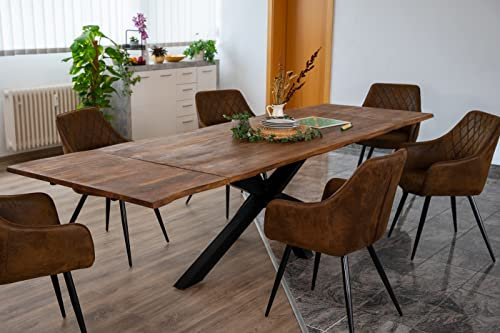 SAM Baumkantentisch 180 (280) x 90 cm Jannik, Akazienholz massiv & nougatfarben, Esstisch inkl. 2 Ansteckplatten 50 x 90 cm, echte Baumkante, Spider-Metallgestell in Schwarz