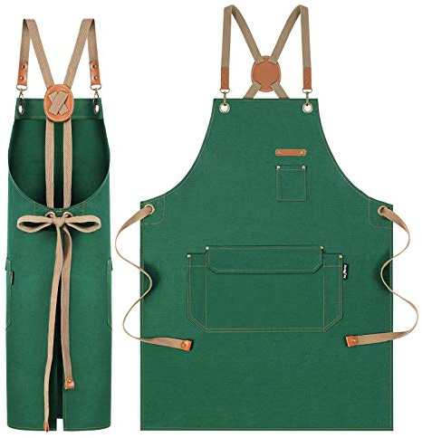 Genixart Chef Apron for Men Women with Pockets - Cross Back Kitchen Apron Cooking, Baking, BBQ, Art Painting - Cotton Canvas Work Aprons for Gardening, Restaurant, Cafe, Bar, Shop (1, Green)