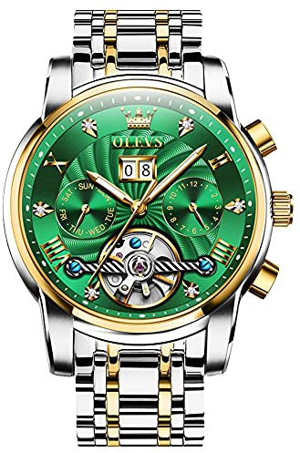 OLEVS Automatic Men Watch Green Face Tourbillon Self Winding Mechanics Luxury Business Stainless Steel Strap Luminous Waterproof Wrist Watch