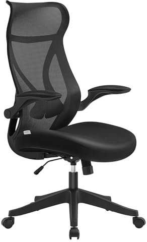 SONGMICS Bürostuhl, Schreibtischstuhl, ergonomische Rückenlehne, höhenverstellbar, hochklappbare Armlehnen, Drehstuhl mit Kopfstütze, bis 150 kg belastbar, tintenschwarz OBN088B01