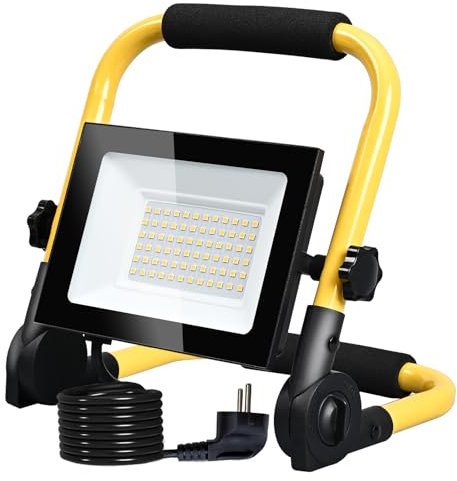 Hopelit LED Baustrahler 50W Warmweiß, Baustrahler LED Arbeitsleuchte mit Stecker und Rutschfest Faltbarer Ständer, Baustellenlampe Wasserdichtes IP66 für Garage, Baustelle etc.