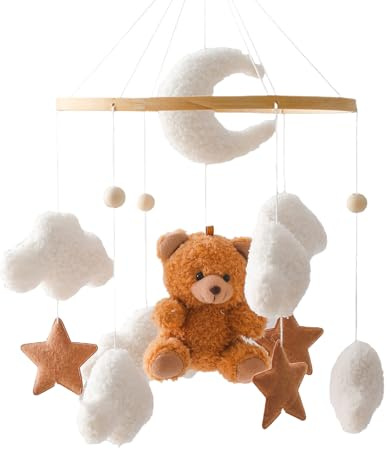 Herfair Cloche de lit mobile pour bébé avec ours en peluche - En bois - Carillon mobile à suspendre - Pour lit de bébé - Marron