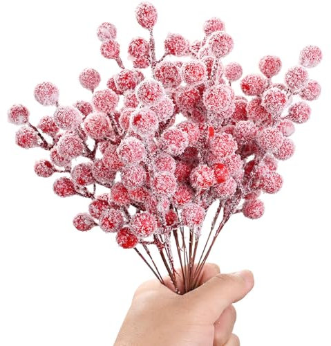 pobuu 16 Piece Artificial Berry Stems Branches,Christmas Berry Picks Holly Berries Stem Picks for Floral Arrangements Christmas Tree Holiday Home Xmas DIY Crafts Decor