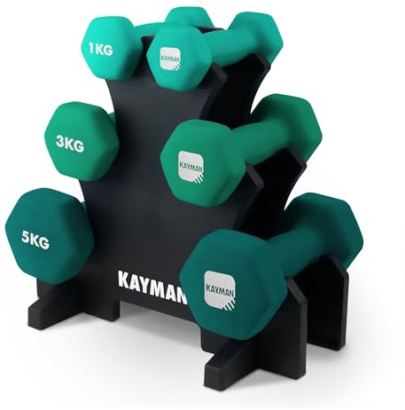 KAYMAN Neoprene Dumbbells Set with Stand - Anti-Slip Grip, Water-Resistant Coating – Weights Dumbbells Set for Strength Training and Workouts (Green 18Kg Set (1kg, 3kg, 5kg))
