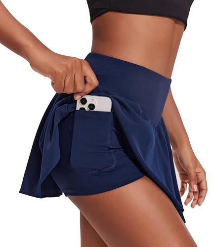 PINSPARK Falda Tenis para Mujer Falda de Tenis de Cintura Alta Cintura en V Falda Deportiva con Volantes Falda de Golf de Verano con 3 Bolsillos Falda Plisada Entrenamiento con Pantalones Interiores