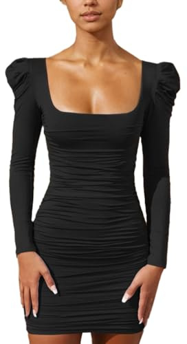EMOTTOS Mini Vestido Ruched Sexy para Mujer, Vestido Bodycon Wrap con Mangas Abullonadas, Vestidos de Cóctel sin Espalda con Cuello en U, Vestidos Lápiz para la Fiesta de Cóctel, Negro, S