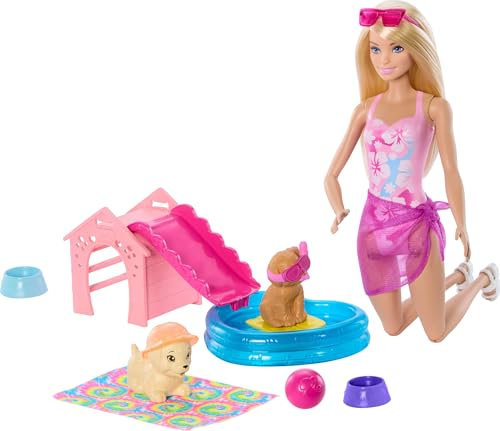 Barbie-lekset med hundpoolparty och modedocka, hundkoja och rutschkana, hjärtformad pool, 2 hundar, 6 tillbehör och färgförändring, JBF35