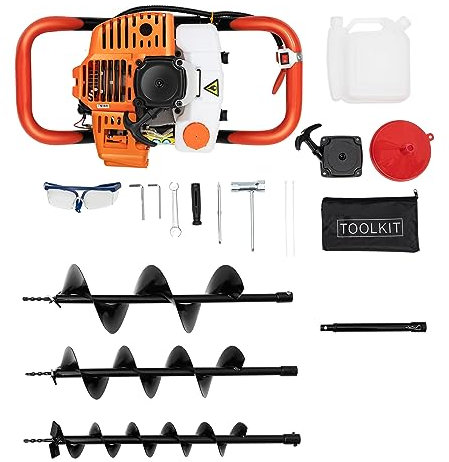 52CC 2-Takt Benzin-Erdlochbohrer, 2 PS Motor,1,2L Tank,Erdlochbohrer Erdbohrer Gartenbohrer Benzin Zaunpfosten, Bagger,Inkl. 3 Bohrer mit 100, 150, 200mm, luftgekühlt, Einzylinder,Handheld