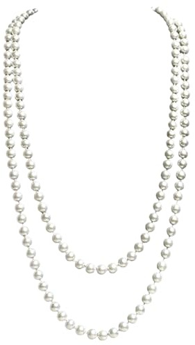 AWAVM 1920 st Pärlhalsband, långt halsband med imitationspärlor i stil med långa konstgjorda pärlor för bröllop, förlovning, 150 cm, vitt pärlhalsband, halsband, Taille unique, Plast, Inte ädelsten