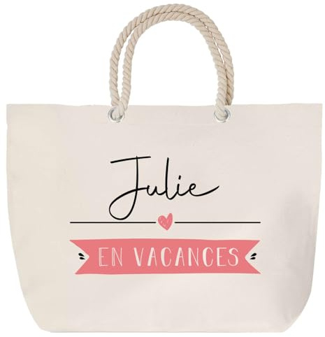 Sac de plage anse corde Julie en Vacances | Cadeau Femme Anniversaire Noël Toile de Coton Grand Sac de Transport & Sport