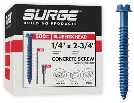 1/4 x 2-3/4 Hex Head Blue Concrete Screw Anchor with Drill Bit & Driver (Box of 500) | Masonry Screws for Concrete, Block, and Brick