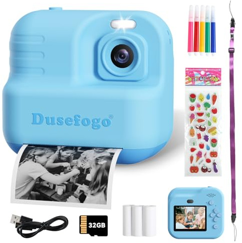 Appareil Photo Instantané Enfant, 2.4 Écran Appareil Photo Enfant avec 32GBTF Rouleaux de Papier d'impression,1440P Vidéo Selfie Caméra Cadeau Noël Jouet pour Enfant Garçons Filles de 3-12 Ans (Bleu)