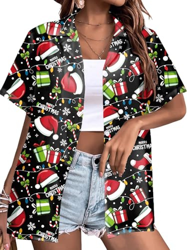 tiorhooe Christmas T Shirts Women Xmas Short Sleeve Button Down Tops Hawaiian Graphic Shirt (Black1,M)