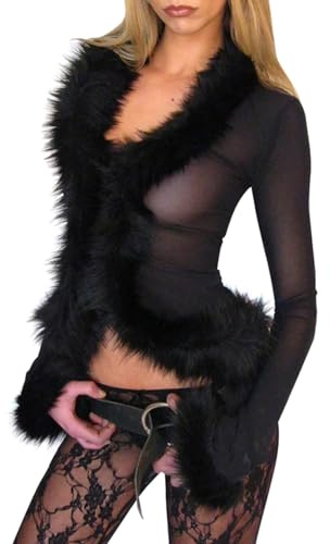 Women's Faux Fur Fuzzy Trim and Cuff Long Sleeve V-neck Sheer Cardigan Tops | Y2K Fuzzy Fur Trim Mesh Crop Top for Women Sexy See Through Y2K Shirt Sheer Long Sleeve V Neck Cardigan Jackets Clubwear