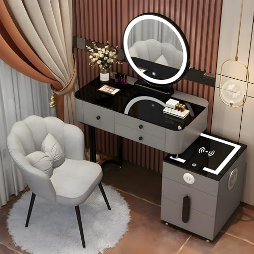 Sminkbordsset med LED-spegel sminkbord med trådlös/USB-laddningsstation Bluetooth-högtalarstol för sovrum flicka kvinnor, rosa 100 cm