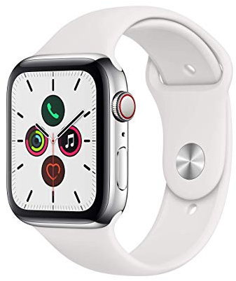 Apple Watch Series 5 (GPS + Cellular, 44 mm) - Edelstahlgehäuse Silber Weiß Sportarmband (Generalüberholt)