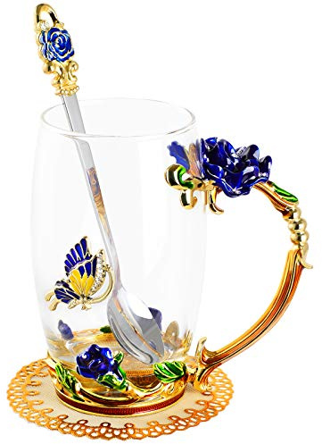 WD&CD Rose Butterfly Glass Tea Coffee Cups Mugs with Spoon and Coaster, Gifts for Her Girlfriend Wife Mum Women on Christmas Valentine's Day Mother's Day Anniversary, Blue Tall