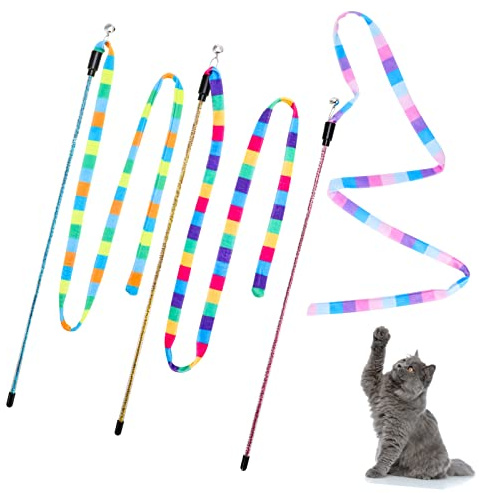 Bestomrogh 3Pcs Interactive Cat Rainbow Wand Toys for Indoor Cats, Colorful Cat Wand Toy String Plush Toy Cat Teaser Wand with Bell for Kitten Cat Exerciser Playing