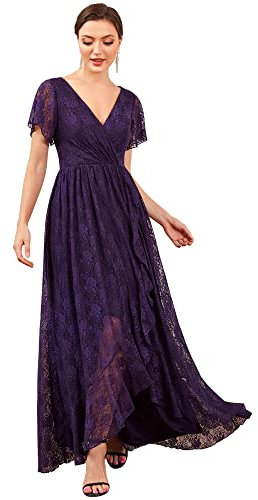 Ever-Pretty Robe Demoiselle d'honneur Femme Longue Asymétrique Dentelle Manches Courtes Col V Fluide Chic Violet Foncé 36