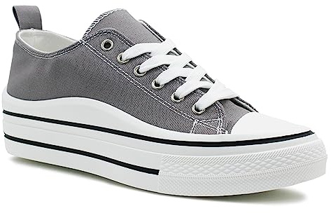 Womens Lace Up Platform Sole Canvas Baseball Sneakers Ladies Chunky Retro Flat Low Top Fashion Trainers Pumps (Grey, UK Footwear Size System, Adult, Women, Numeric, Medium, 5)
