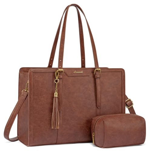 LOVEVOOK Laptop Tote Bag for Women,15.6 Inch Vintage Work Bag with Clutch,Large Leather Laptop Purse with Cup Holder for Teacher,Office
