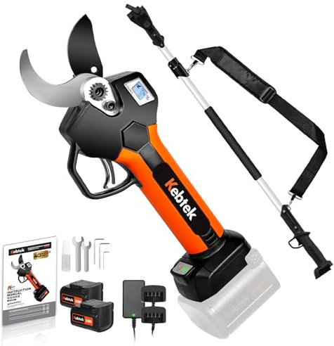 Cordless Electric Secateurs 40MM with Pole, Kebtek Professional Pruning Shears Battery Powered 18V Brushless Motor 2Pack 2AH Rechargeable Lithium Battery-LCD Display Screen (KT940 Pruner+Pole Set)