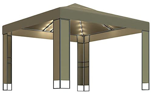 Gecheer Lusthus med dubbelt tak och LED-ljusslinga för utomhusbruk, terrass, pergola lusthus med duk, trädgårdspaviljong, festtält, grillpaviljong, lusthus 3 x 3 x 2,7 m brungrå