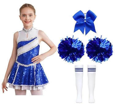 Alvivi Traje de Porristas para Niñas Vestido Lentejuelas de Danza Uniforme de Animadora con Pompones y Calcetines y Lazo Disfraz de Campeona Cheerleaders 5-16 Años