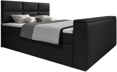 Luxusbetten24 Boxspringbett Carre 180x200 Doppelbett Polsterbett Bett mit TV Lift, USB-Anschluss | Bezug: Kunstleder | Farbe: Schwarz | Härtegrad: H4 (100kg+)