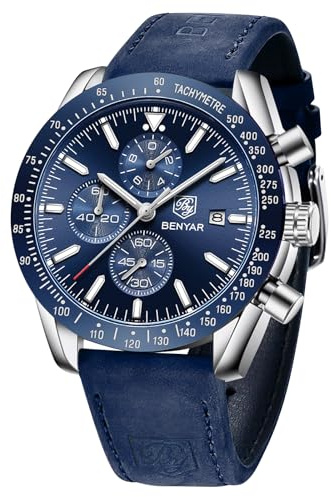 BENYAR Watch for Men Analog Quartz Chronograph Waterproof Luminous Designer Big Face Mens Wrist Watches Business Sport Casual Dress Elegant Gifts for Men,Blue Silver Blue