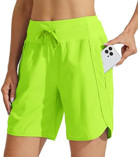 WILLIT Damen Shorts Sporthose Kurz High Waist Laufhose Sommer Laufshorts Schnelltrocknend Wanderhose Kurze Hose Sport Fitness Running mit Taschen 7 Chartreuse XXL
