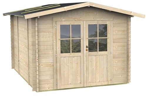Alce - Caseta de Jardín Bh25 Opera 250x250 de Madera de Abeto Natural 25 mm con Puerta Doble con Ventana, Techo y Suelo machihembrado, viga de cimentación, Montaje fácil, certificación PEFC