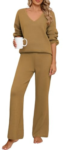 PASUDA Tuta Donna Completa Elegante 2 Pezzi Pigiama Invernale Autunno Maglioni Maniche Lunghe Scollo V Pantaloni a Gamba Larga Elastico in Vita Set Sportiva Abbigliamento Lounge Casa (Kaki, L)