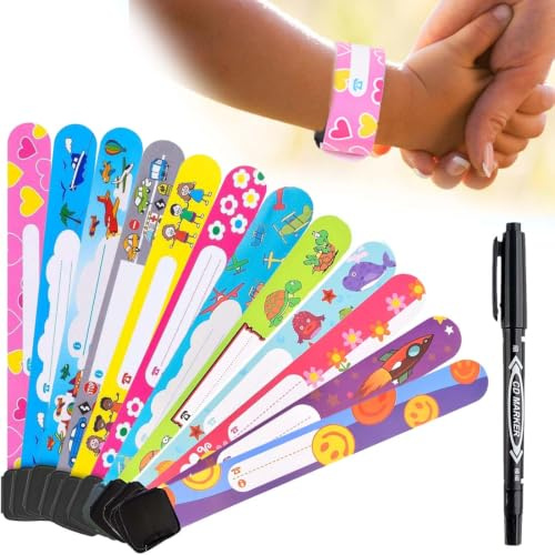 GHPKOTW 12 Piezas Pulsera Identificativa +Marcador, Pulsera Seguridad Anti Perdida, Pulsera Emergencia, Impermeable Reutilizable Para Niños Bebé, Adecuada Para Viajes