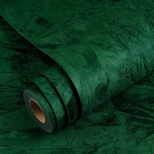 YENHOME Mörkgrön flockad tapet, självhäftande sammetstyg, vardagsrum, 40 x 1 000 cm, sammet, tyg, grön, självhäftande tapeter, väggfolie, trapphus, möbelfolie, lådfoder, skåpfolie vintage